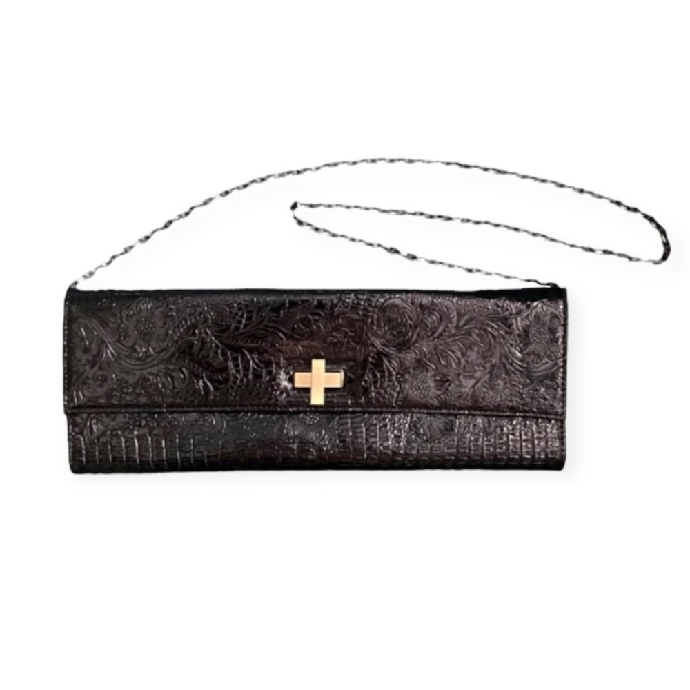 Vintage 90s / Y2K Jessica McClintock Floral Embossed Black Evening Bag / Clutch